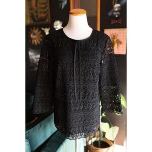 Talbots Black Crochet Lace Overlay Sheer 3/4 Sleeve Tunic Top Size M